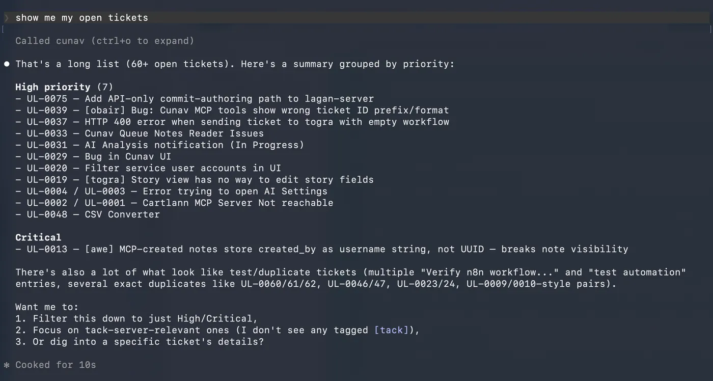 Claude Code listing open Cunav tickets via the MCP server, grouped by priority — and noticing on its own that several look like duplicates